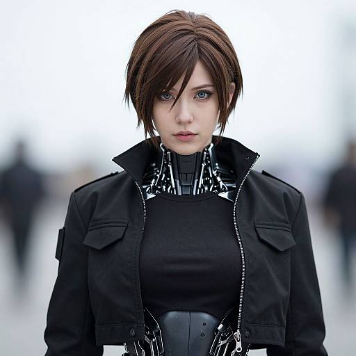 Digital art of a serious young woman with short brown hair, blue eyes, wearing a black jacket, high-neck shirt, and belt, against a blurred