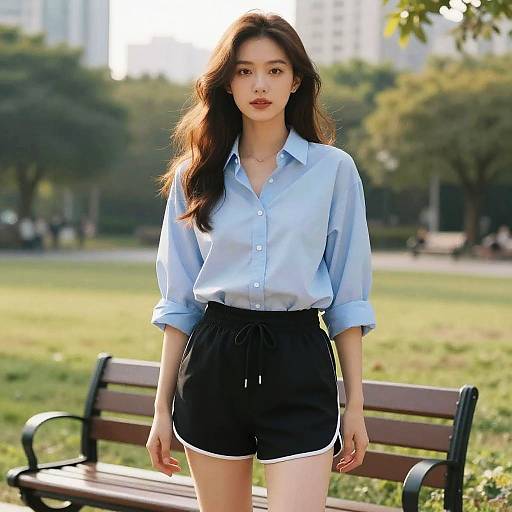 Photograph of an Asian woman with long dark hair, wearing a light blue button-up shirt and black shorts, standing in a sunlit park with a