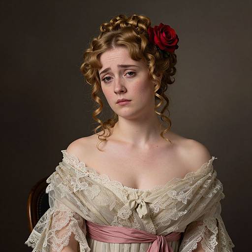 Victorian-era photograph of a young woman with curly brown hair, red rose hairpiece, pale skin, and lace off-shoulder dress, against