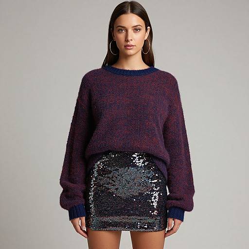 Photograph of a young woman with long dark hair, wearing a dark purple knit sweater and a shiny black sequin skirt, standing against a plain white