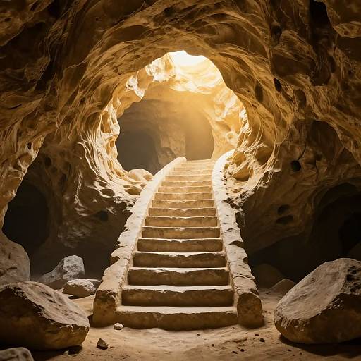 Photograph of a sunlit cave staircase with rough stone steps, surrounded by rugged, textured rock walls and illuminated by bright light at the top.