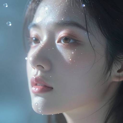 Close-up photograph of an Asian woman with wet, glistening skin and sparkling water droplets on her face, illuminated by bright light. Her expression is