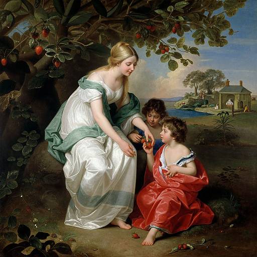 Baroque painting of a blonde woman in white dress, kneeling beside two children, one in red, under a fruit tree. Background: house, trees
