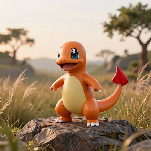 Photorealistic CGI of a cheerful Charmander standing on a rock in a sunlit grassy meadow with blurred trees in the background.