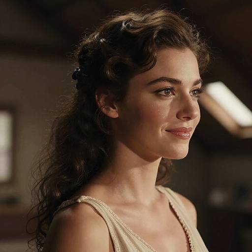 Photograph of a beautiful woman with wavy dark brown hair, fair skin, and subtle makeup, wearing a beige sleeveless top, looking thoughtfully