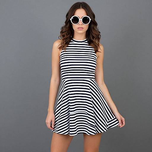 Photograph of a woman with wavy brown hair, wearing white round sunglasses, a black-and-white striped sleeveless dress, and standing against a gray