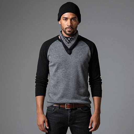 Photograph of a bearded man with medium brown skin wearing a black beanie, gray and black raglan sweater, patterned bandana, dark