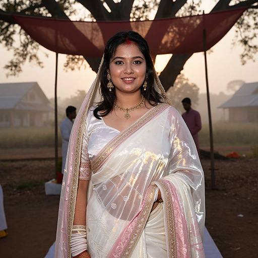 Photograph of a smiling Indian woman in a shimmering white saree with pink and gold borders, standing outdoors at sunset, with a tree and tent