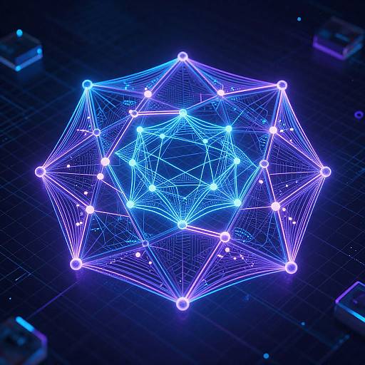 Digital CGI image of a glowing, neon blue 3D geometric network of interconnected nodes and lines against a dark, grid-patterned background.