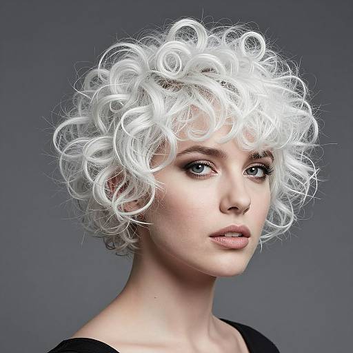 Photograph of a fair-skinned woman with striking white, curly, voluminous wig, light makeup, and black top, set against a plain gray