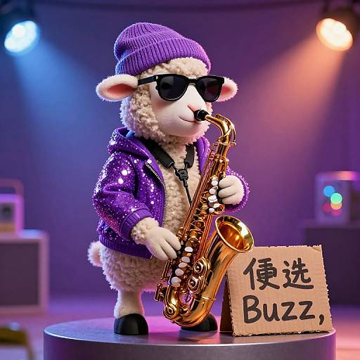 Photograph of a plush sheep figurine in a purple jacket, sunglasses, and beanie, playing a golden saxophone on stage with a sign reading
