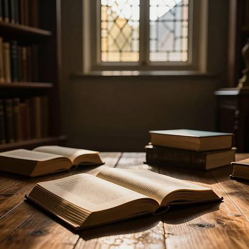 Photograph of open books on a sunlit wooden table in a dimly lit, book-filled library, with a window in the background.