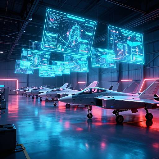 Photograph of a dimly lit aircraft hangar with neon blue holographic displays above three parked jets, illuminated by red and blue LED lights on the