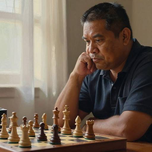Middle-aged man with short black hair, wearing a black polo shirt, deeply focused on a chessboard in a sunlit room.