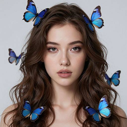 Photograph of a fair-skinned woman with wavy brown hair, surrounded by blue butterflies, against a white background, looking directly at the camera.