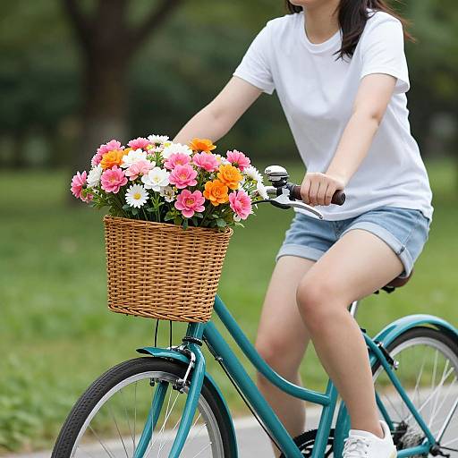 Woman Riding Bicycle with Flower Basket