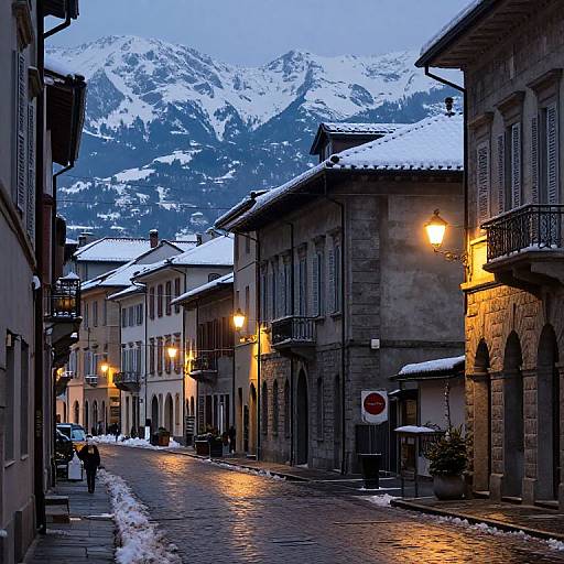 Photograph of a snowy European mountain town street at dusk, featuring cobblestones, lit street lamps, snow-covered rooftops, and a person walking