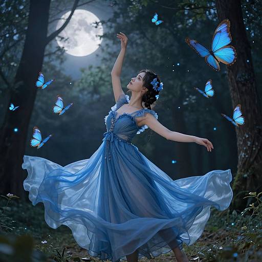 Moonlit Dance with Blue Butterflies