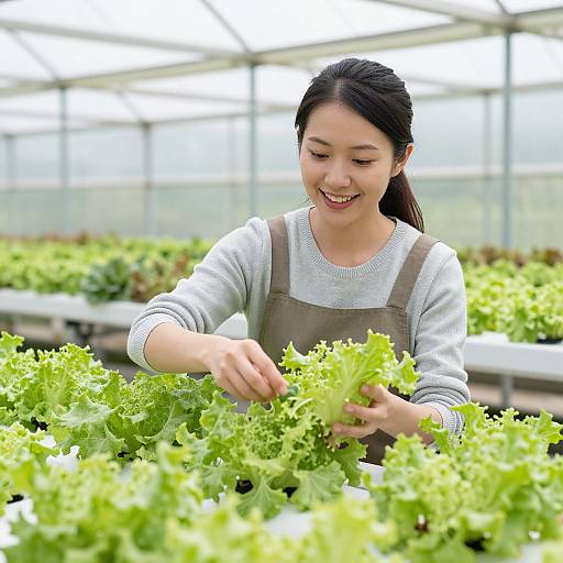 Smiling Woman in Hydroponic Greenhouse
