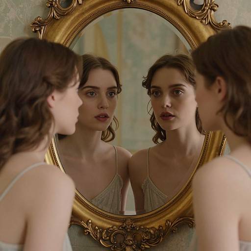 Photograph of a young woman with wavy brown hair, wearing a light gray spaghetti-strap dress, gazing at her reflection in an ornate