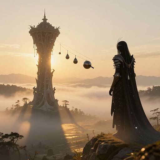 Fantasy sunset scene: silhouetted armored figure gazes at a towering, ornate spire with floating orbs, surrounded by misty landscape