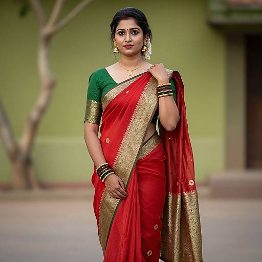 Photograph of a South Asian woman with dark hair in a green and red sari with gold trim, standing outdoors against a green wall. She wears