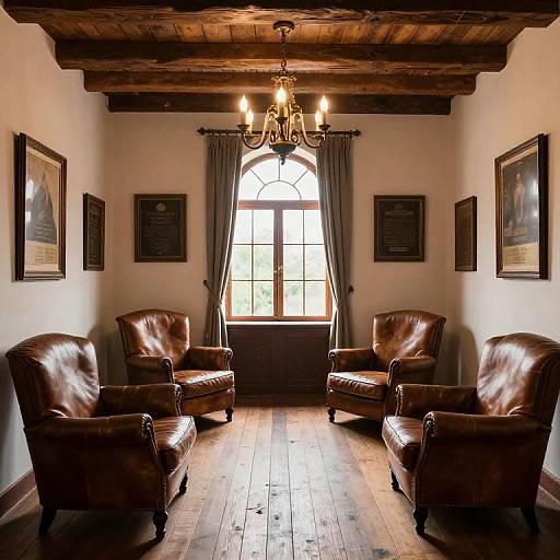 Cozy, rustic study with four brown leather armchairs, wooden ceiling beams, chandelier, framed pictures, and a large arched window.