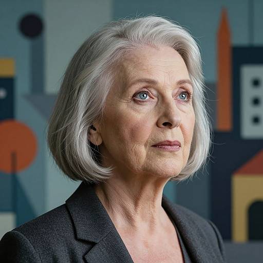 Photograph of an older white woman with short silver hair, wearing a black blazer, looking to the side with a thoughtful expression, against a geometric