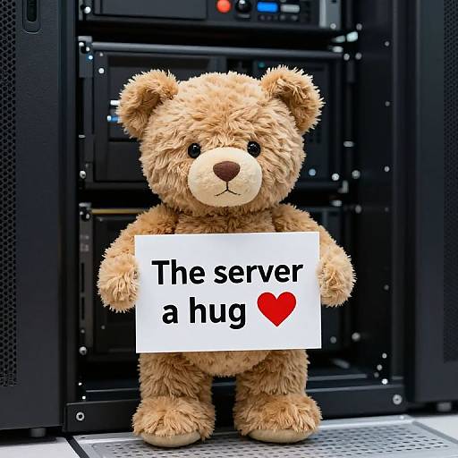 Photograph of a fluffy brown teddy bear holding a sign reading 