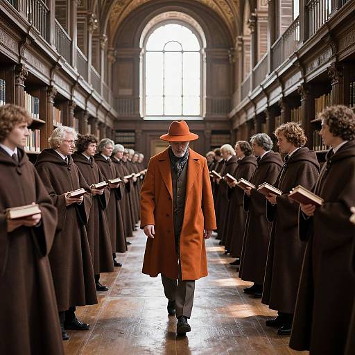 Photograph of a man in an orange coat and hat walking down a library aisle of clergy in black robes, holding books, with tall arched windows