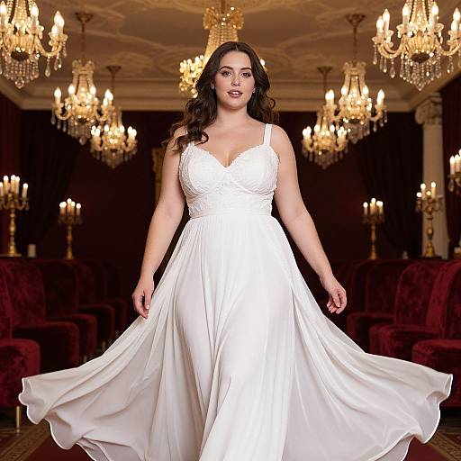 Photograph of a curvy, fair-skinned woman with long dark hair, wearing a white, sleeveless, flowing wedding dress, standing in an