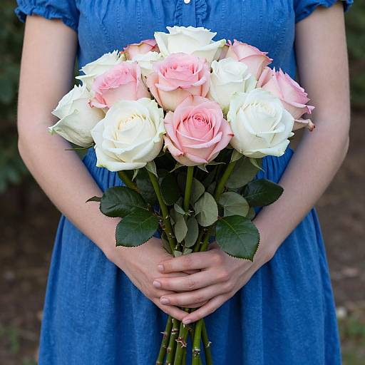 Photograph of a woman in a blue dress holding a bouquet of white and pink roses, her hands gently clasping the stems.