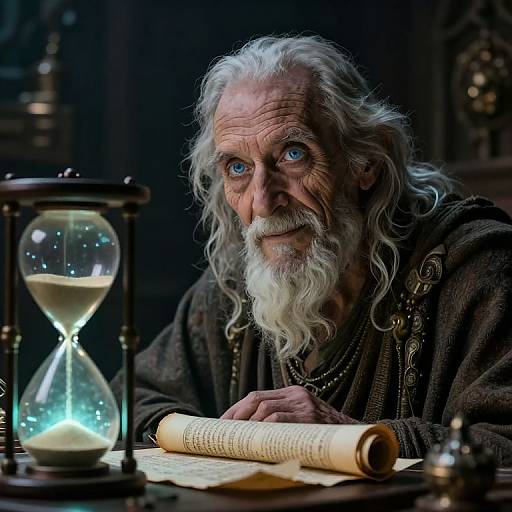 Photograph of an elderly, white-haired wizard with intense blue eyes, wearing a dark robe, studying a parchment by a glowing hourglass.