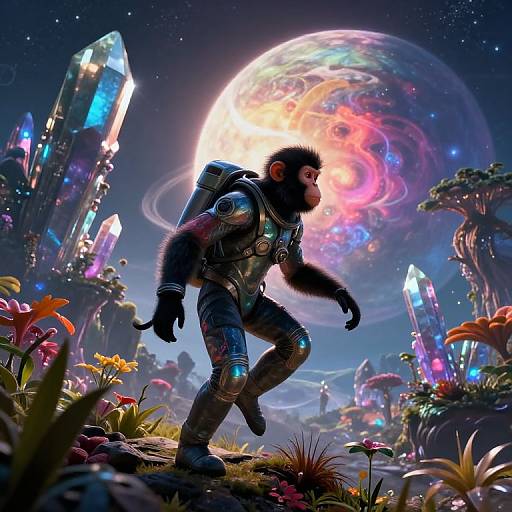 Digital art: A black-furred monkey in futuristic armor walks on a glowing, crystal-studded planet with a vibrant, colorful, swirling moon in the