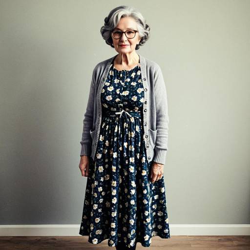 Elderly woman in vintage floral dress and cardigan