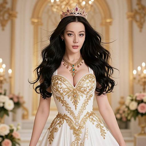 Digital illustration of a beautiful woman with long black hair, wearing a gold-embroidered white gown, crown, and necklace, standing in an orn