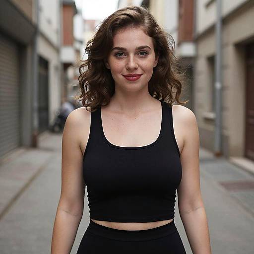 Photograph of a smiling Caucasian woman with wavy brown hair, wearing a black sports bra and high-waisted black pants, standing in a narrow