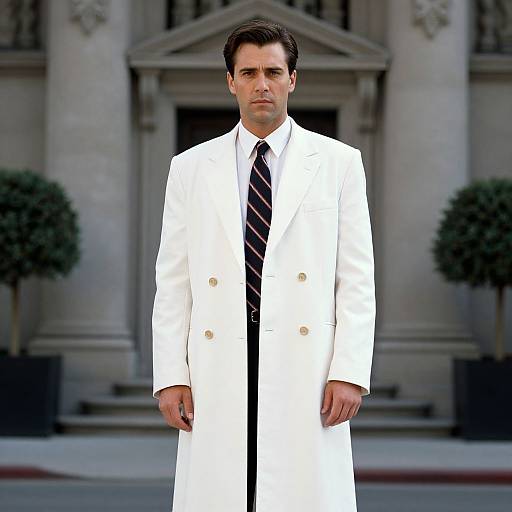 Photograph of a serious-looking man with dark hair in a white double-breasted coat, black and red striped tie, standing in front of a grand