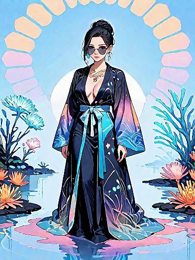Stylish Woman in Elegant Kimono at Night