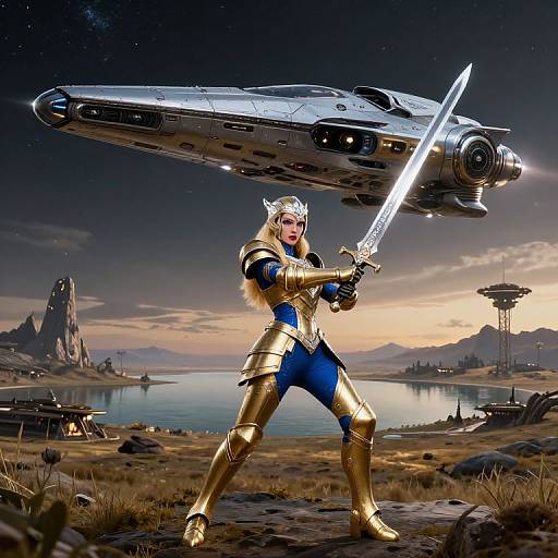 Digital artwork of a blonde woman in gold and blue armor wielding a glowing lightsaber, standing on a rocky landscape with a starship above, and a