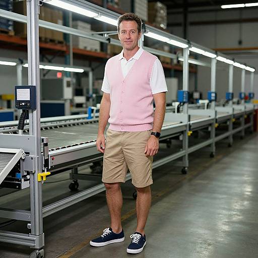 Photograph of a middle-aged man in a pink vest, white polo, beige shorts, and navy sneakers standing in a brightly lit warehouse with conveyor belts
