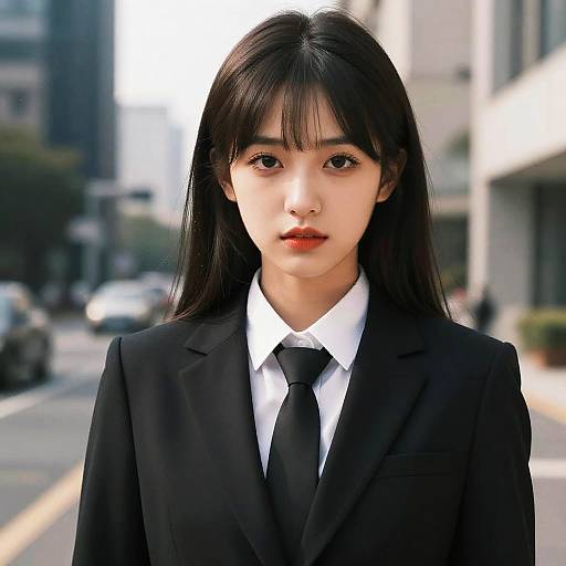 Photograph of an East Asian woman with long black hair, wearing a black suit, white shirt, and black tie, standing on a city street with