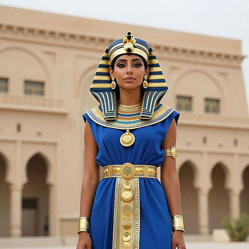 Photograph of a Black woman in an Egyptian-style blue dress with gold accents, striped headdress, and ornate jewelry, standing in front of a