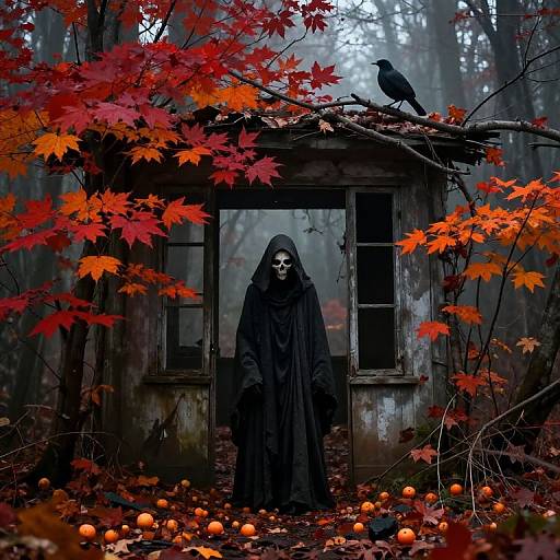 Photograph-style digital art: Black-robed figure with skeletal face, standing in foggy forest, surrounded by vibrant red-orange autumn leaves, and scattered