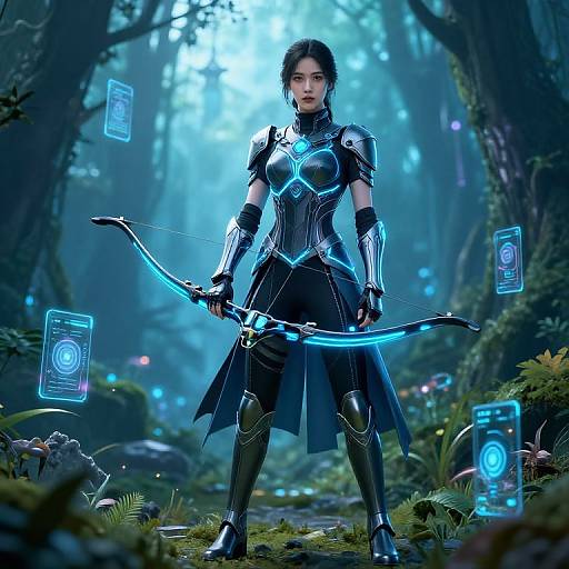 Digital fantasy artwork of a dark-haired, Asian woman in glowing blue armor, holding a luminous bow, standing in a mystical forest.