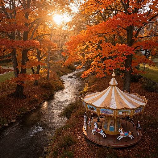 Photograph of a colorful, vintage carousel by a flowing stream in a forest with vibrant orange autumn leaves, sun setting behind.