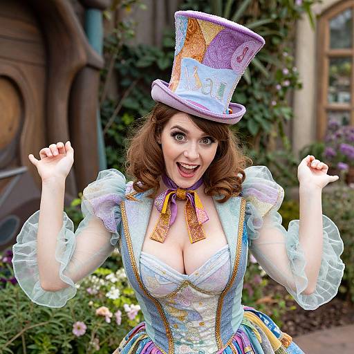 Photograph of a smiling woman in a colorful, Victorian-style costume with a tall, patterned top hat, lace-trimmed puffed sleeves,