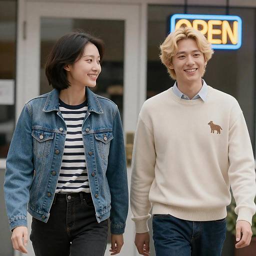 Smiling Friends in Front of Open Sign