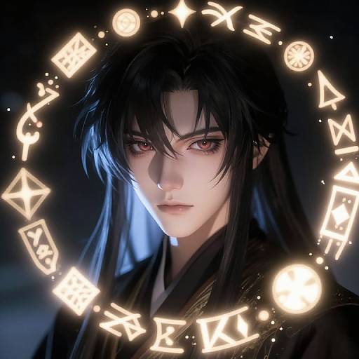 Digital anime-style portrait of a pale-skinned, black-haired, red-eyed male with glowing magical symbols encircling his head, illuminated by blue light