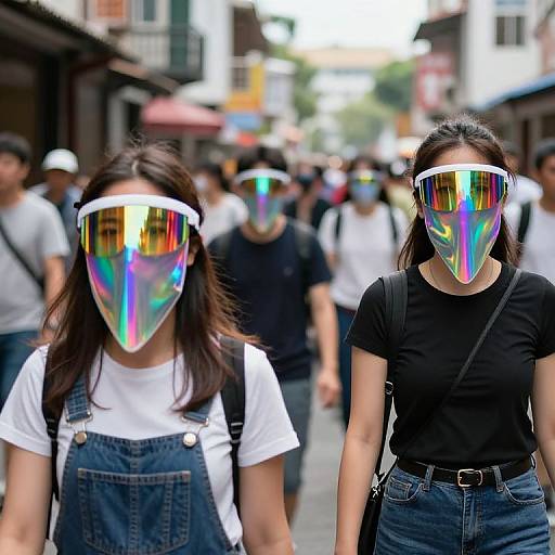 Photograph of two Asian women with iridescent, rainbow-colored masks in a crowded urban street, wearing black and white tops with denim overalls.